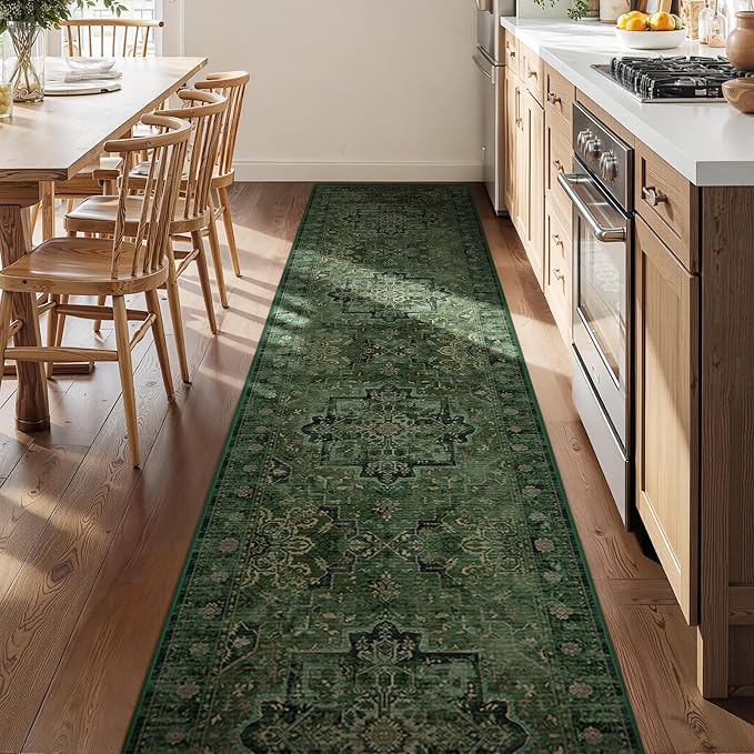 Dark Green 3x10 Long Hallway Runner Rug, Vintage Distressed Medallion Carpet by Jainmy