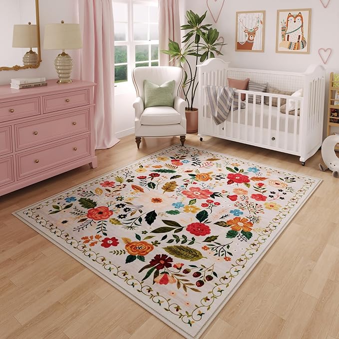 Rugcomf Bedroom Rug 3x5 Rug Washable Area Rug Non Slip Low Pile Boho Floral by Rugcomf