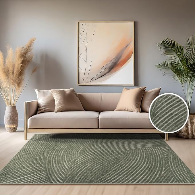 Paco Home Modern Area Rug with Abstract Line Pattern and Contour-Cut in Green by PacoHome