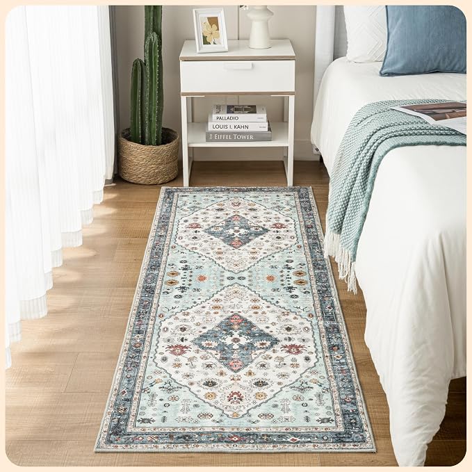 Istana Hallway Runner Rug 2x8 – White Cream/Blue Entryway Rug -Silk's Soft by Istana