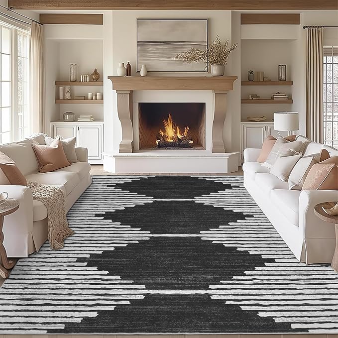 HelloTree Area Rug for Living Room 9x12 Washable Geometric Moroccan Rug Stripe by HelloTree