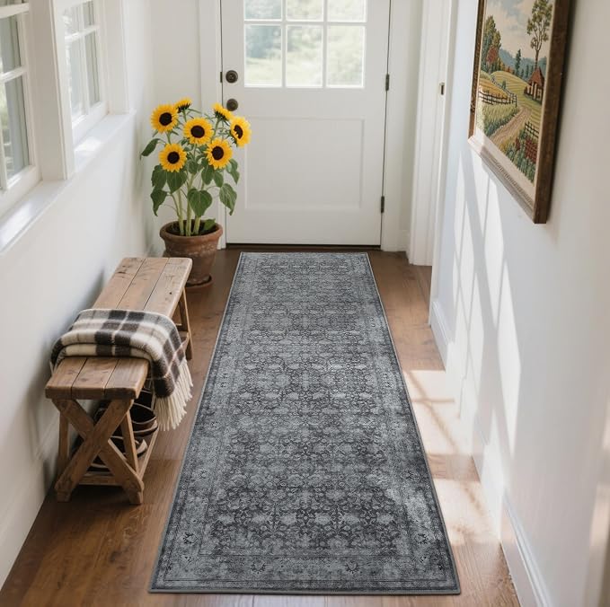 2'6"x8' Washable Runner Rug for Hallway, Non Slip Vintage Floral Long Carpet by Zarvenda