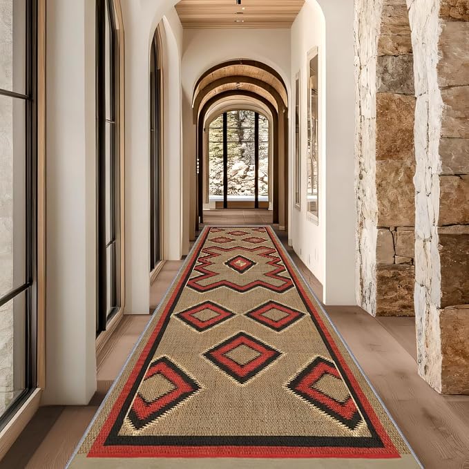 Brown Base Red Black Diamond Runner Rug, 4x10ft Zigzag Pattern Hallway Runner - Image 4