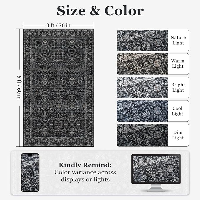 Vintage Charcoal 3x5 Entryway Rug Indoor Foyer, Neutral Earth Tone Dark Throw - Image 2