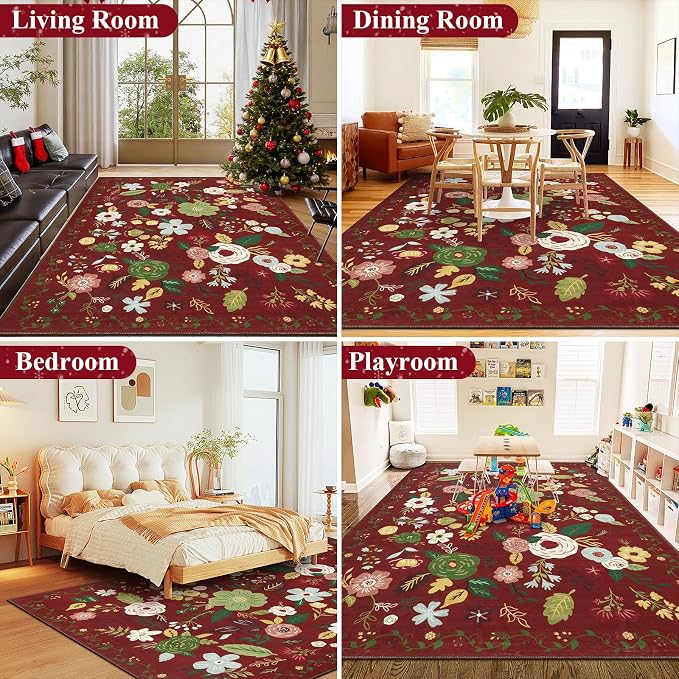 U'Artlines Red Christmas Area Rug 8x10, Floral Large Rugs - Image 6