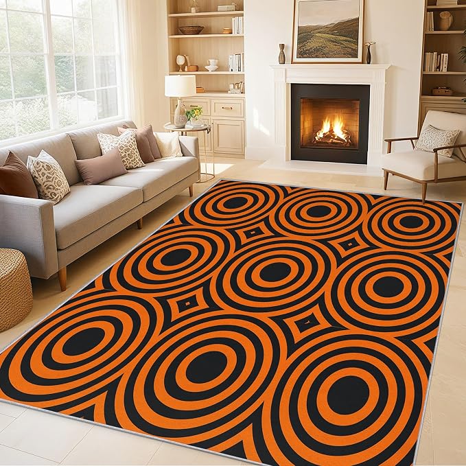 8x10 Geometric Circle Rugs for Bedroom Decor, Washable Retro 60s 70s Geometry - Image 2