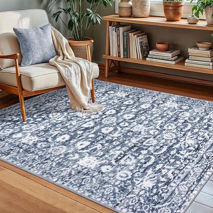 Vintage Floral 3x5 Rug, Light Blue White Entryway Rug Small Area Rug Washable - Image 2