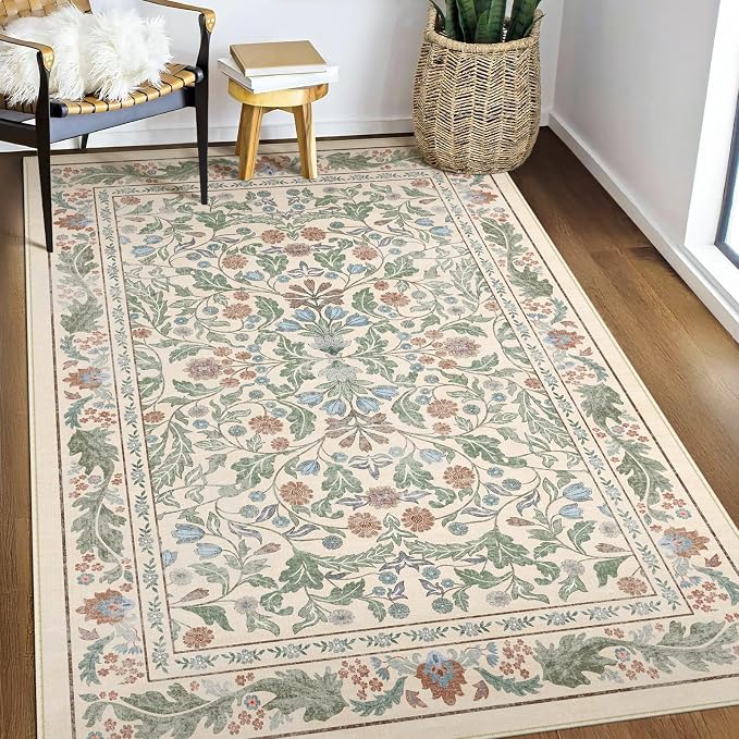 3x5 Washable Area Rug Floral Beige Entryway Small Rug Vintage Forest Low Pile by NEIGELUO