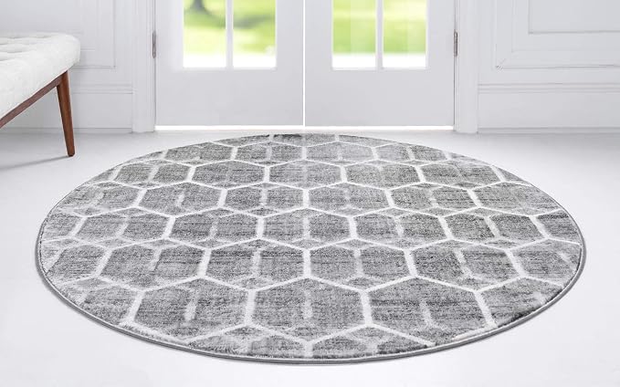 Rugs.com Lattice Trellis Collection Rug – 3 Ft Round Gray Low-Pile Rug Perfect - Image 4