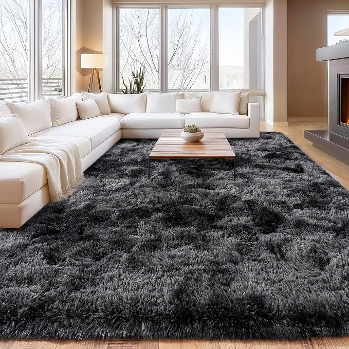 Tie-Dyed Black Grey Shaggy Rugs Fluffy Carpets, Indoor Modern Plush Area Rugs - Image 3