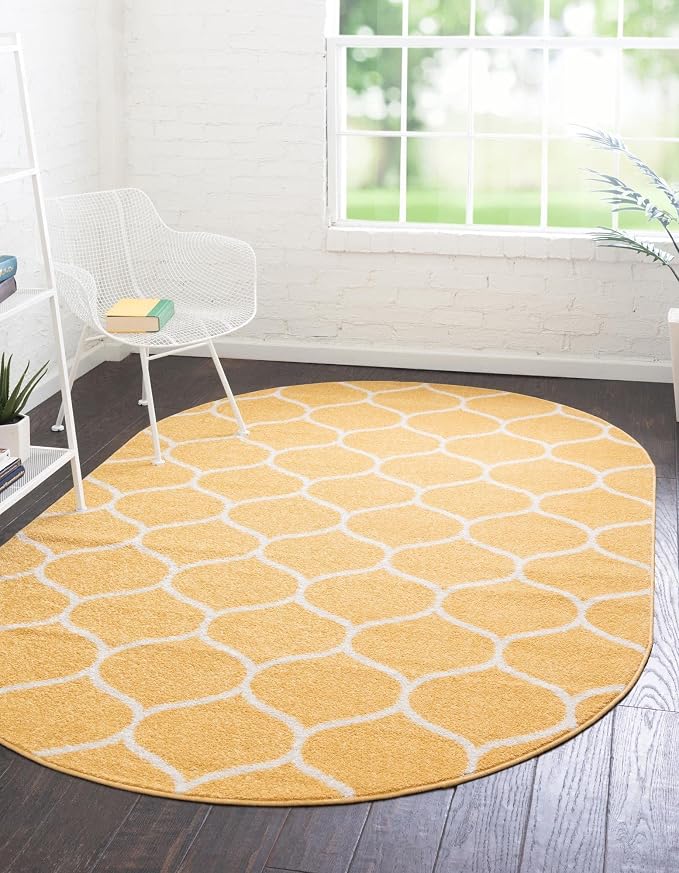 Rugs.com Lattice Frieze Collection Rug – 5' x 8' Oval Yellow Medium Rug Perfect by Rugscom
