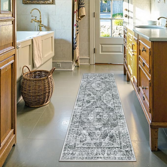 Uphome Bathroom Rugs Runner, Distressed Farmhouse Boho Gray Bath Mat, Non Slip - Image 6