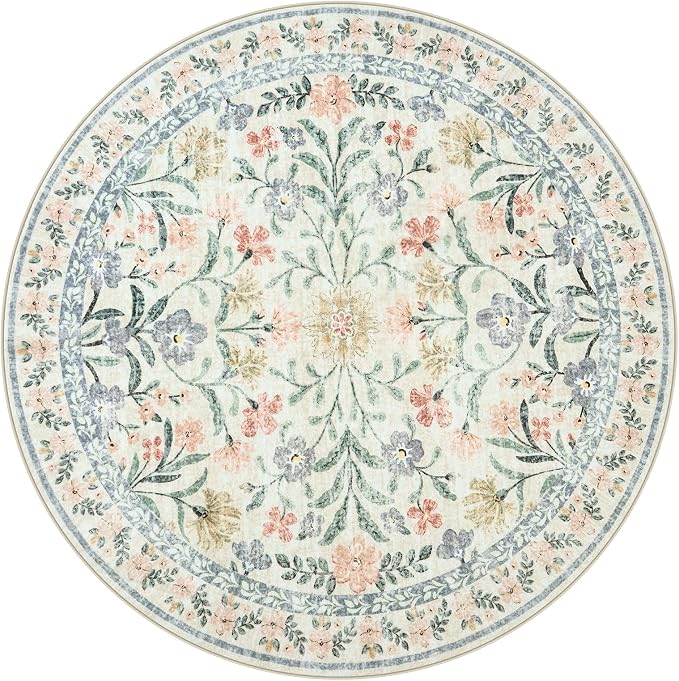 Lahome Circle Rug 6ft Beige Floral, Gentle Blossom Print Nursery Round Rug - Image 8