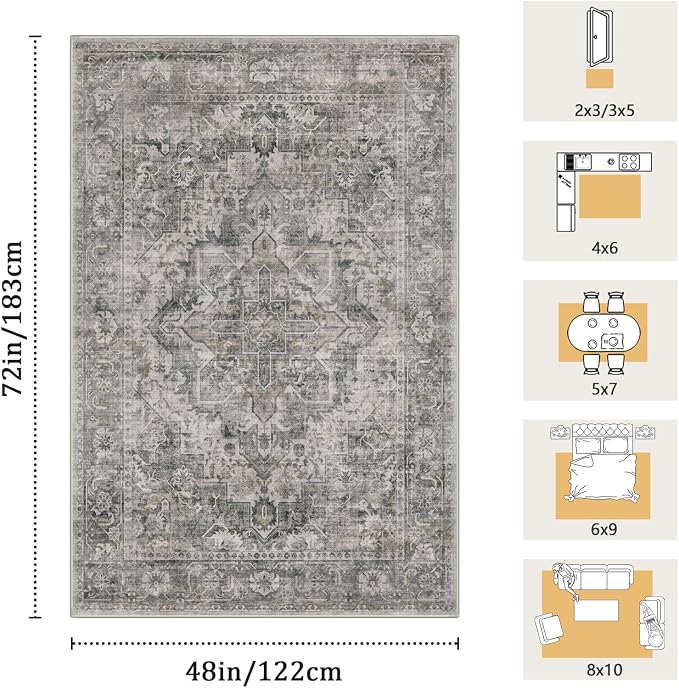 4x6 Machine Washable Area Rug for Living Room, Olive Grey Boho Vintage Floral - Image 2