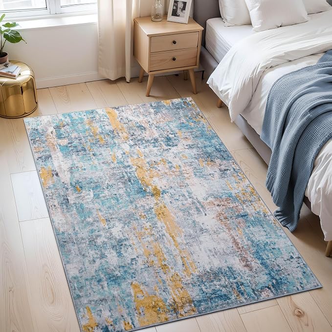 Entryway Rug 3x5 Blue Bedroom Area Rug Washable Non Slip Abstract Boho Rugs - Image 2