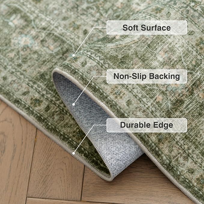 FMFUNCTEX 4x6 Washable Area Rug Green Neutral Vintage Distressed Non Slip Low - Image 4