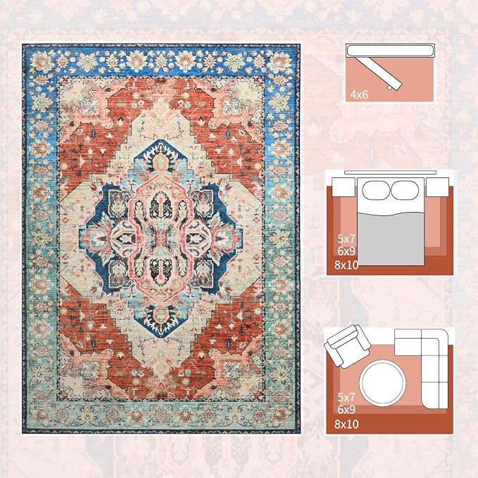 Large Area Rugs 8x10, Low Pile Washable Rugs, Soft Vintage Distressed Rugs - Image 5