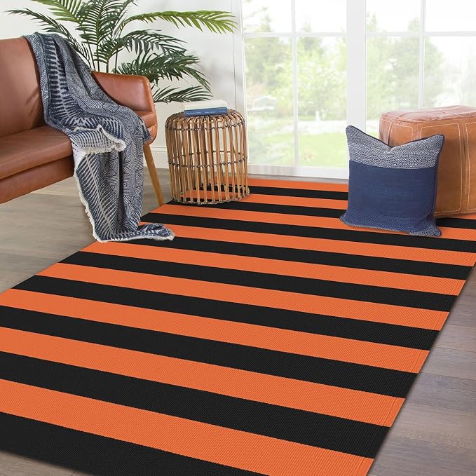 KOZYFLY Striped Outdoor Rug 4x6 Ft Orange and Black Halloween Fall Hand Woven - Image 7