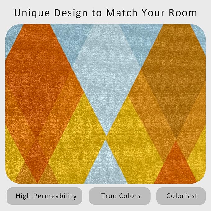 Washable 6x8 Diamond Rug Living Room, Geometric Orange and Blue Plaid Design - Image 4