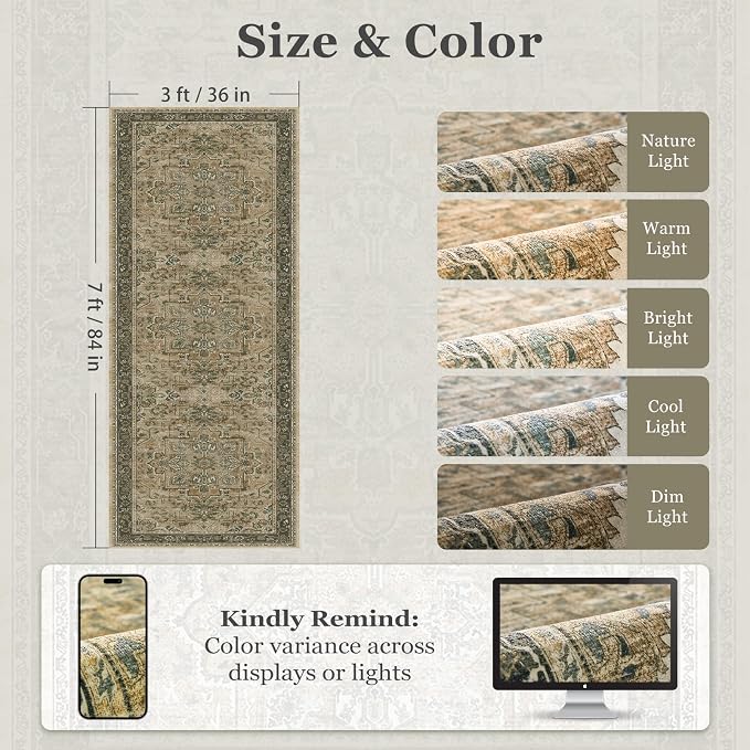 Medallion 3x7 Hallway Runner Rug, Washable Non Slip Runners - Image 2