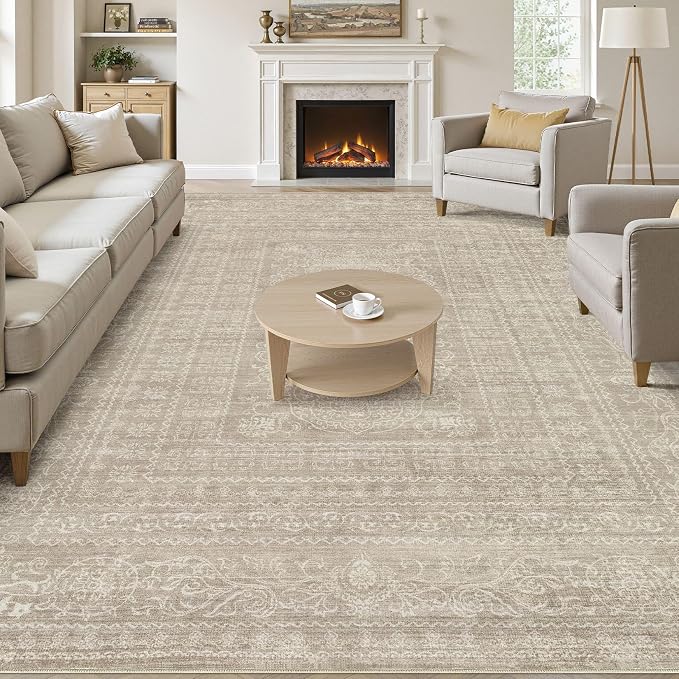 10x12 Area Rug Living Room: Washable Large Vintage Rug Neutral Non-Slip Soft by NakagishiAreaRug