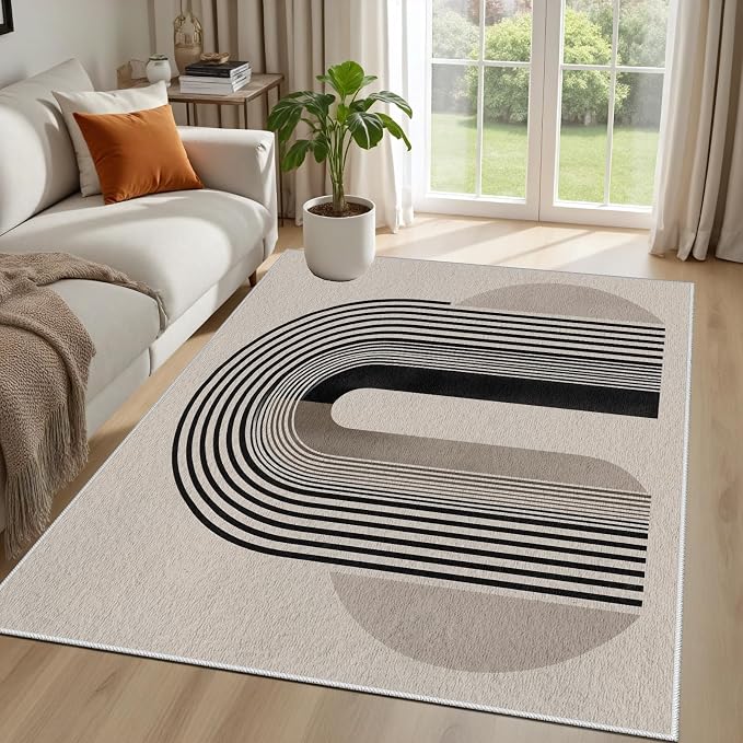 Modern Washable Rug for Living Room 7x10, Boho Abstract Striped Area Rugs - Image 2
