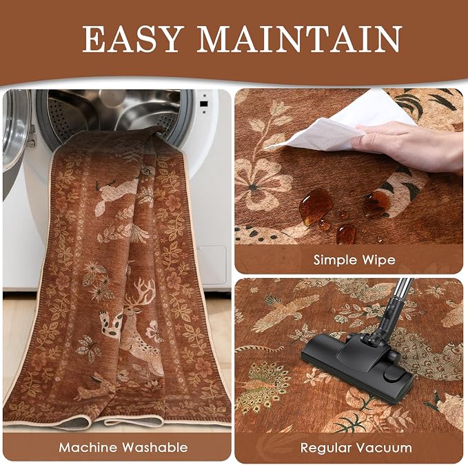 Moynesa Orange 5x7 Bedroom Rugs, Vintage Peacock Floral Washable Area Rugs - Image 6