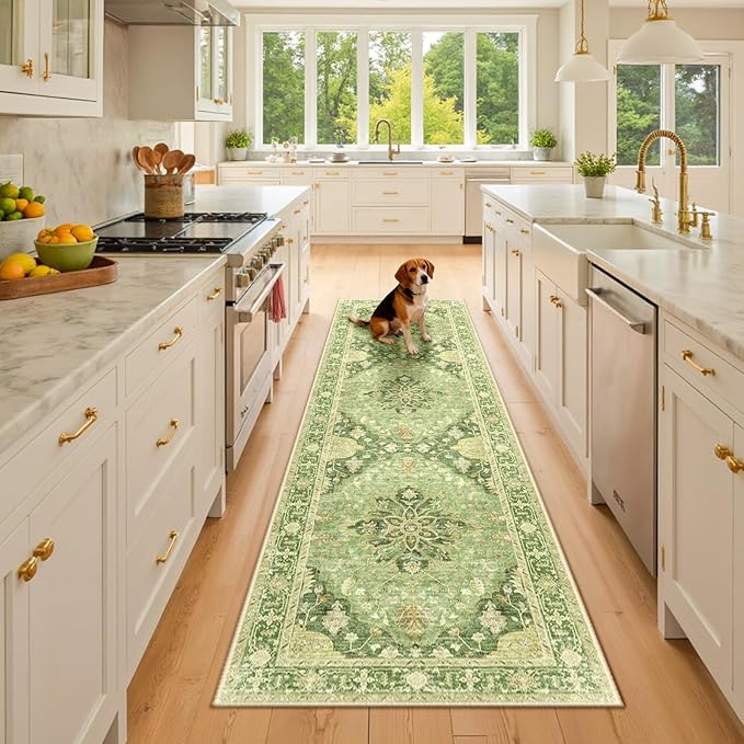 Area Rugs 2'x8' Washable Non-Slip, Floral Vintage Distress Print Pattern by RELEANY