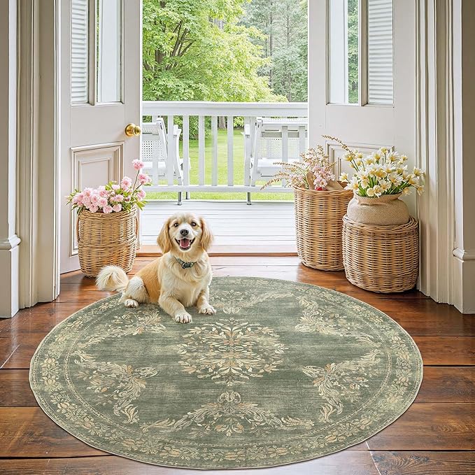 jinchan Round Rug 5ft Area Rugs Vintage Floral Distressed Design, Machine - Image 2