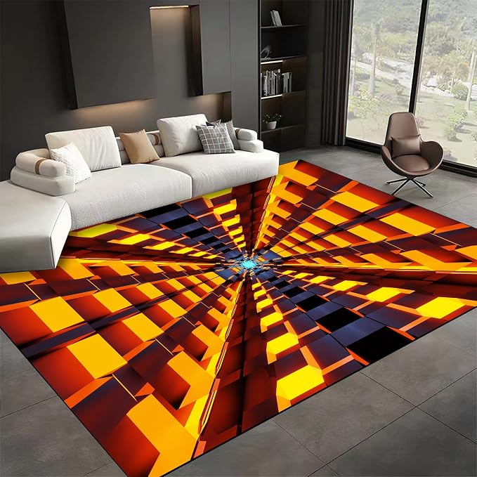 3D Abstract Grid Area Rug, Visual Illusion Realistic Cave Indoor Carpets by Unknown