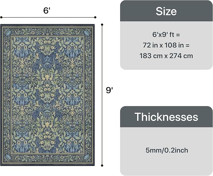 Bavni Floral Dark Blue Area Rugs 6x9, Vintage Boho Carpet Machine Washable - Image 2