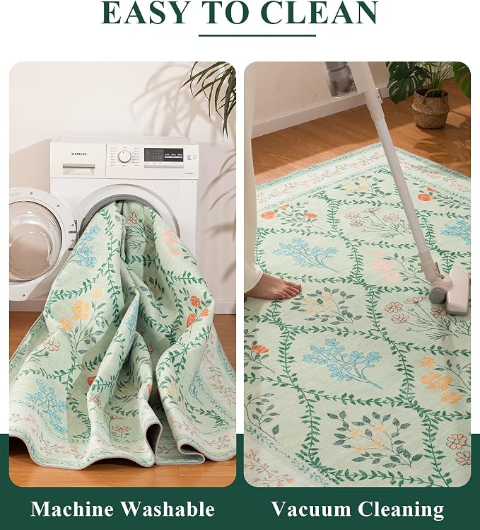 YIHOUSE Green Floral Print Rugs, Moroccan Trellis 9x12 Washable Large Rug - Image 5