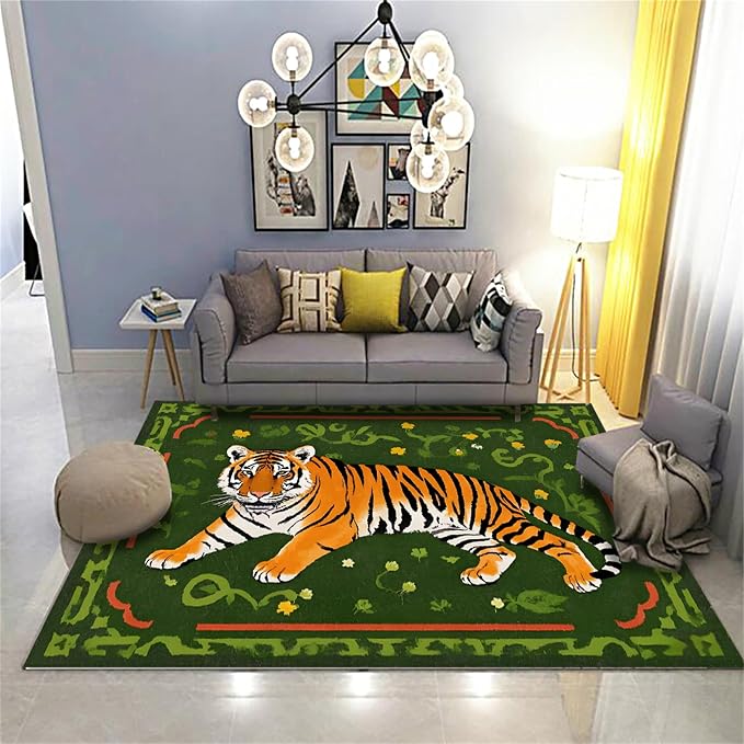 Jungle Tiger Area Rug, Cozy Jungle Style Tiger Print Area Rug Surrounded by - Image 2