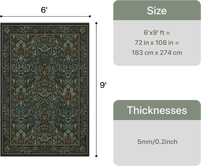 Bavni Floral Dark Green Area Rugs 6x9, Vintage Boho Carpet Machine Washable - Image 2