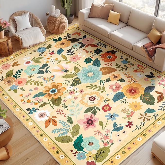 Floral 9x12 Area Rug Machine Washable Soft Print Boho Carpet Non Slip Doormat by RELEANY