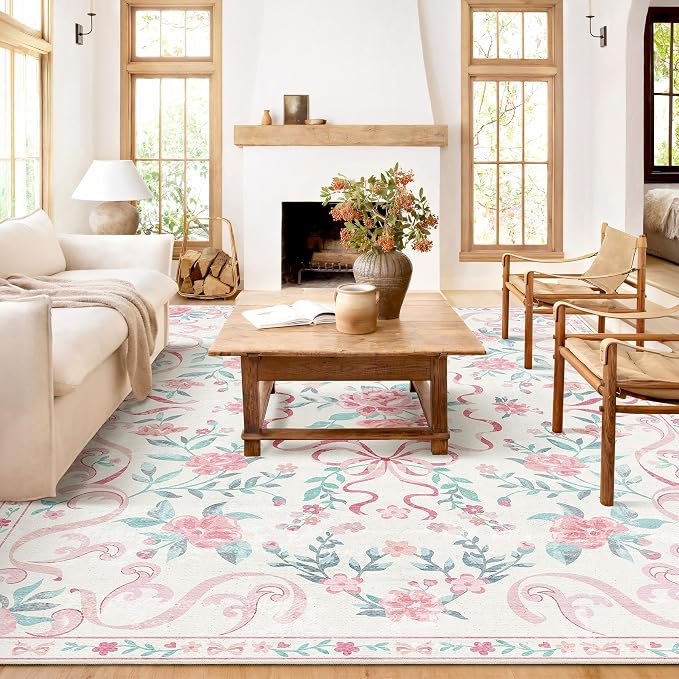 Pink Rug Bow Floral 8x10 Rug, Washable Area Rugs by YesRug