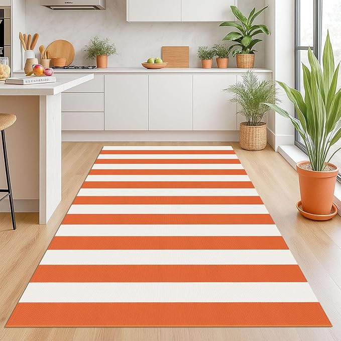 KOZYFLY Striped Outdoor Rug 4x6 Ft Orange and White Halloween Fall Hand Woven - Image 3