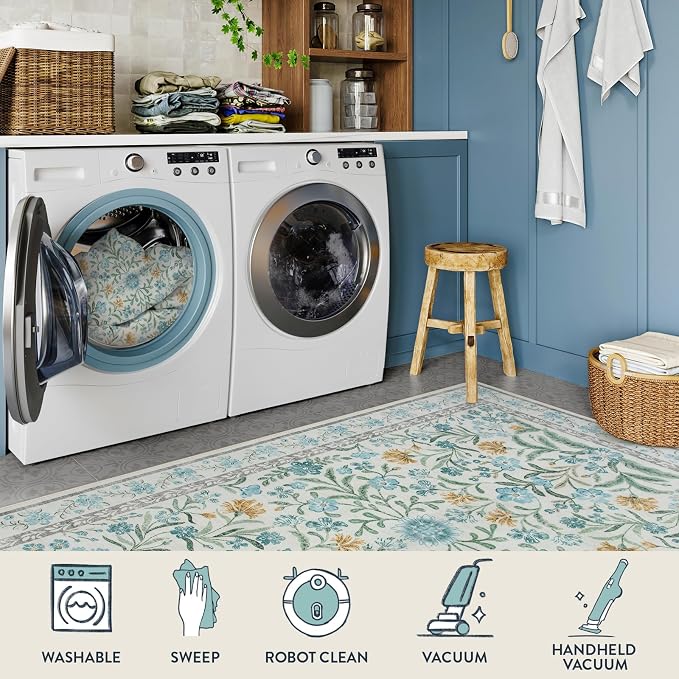 Lahome Light Blue Bedroom Rug 8x10 Under Bed, Boho Washable Rugs - Image 3