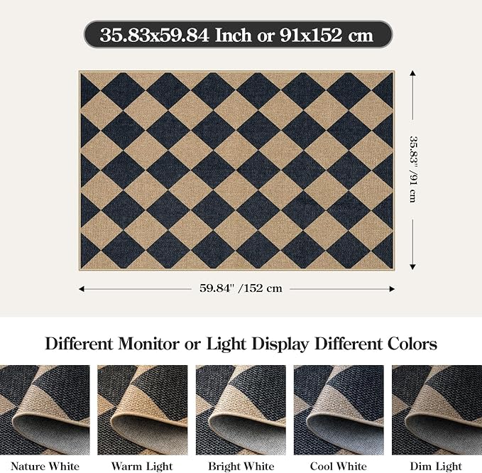 Lahome Checkered Easy Jute 3x5 Outdoor Patio Rug, Washable Rugs - Image 2