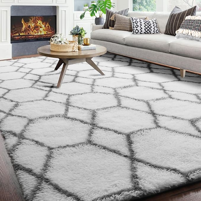 ONASAR 8x10 Area Rugs for Living Room, Washable Fluffy White and Grey Rug for - Image 4