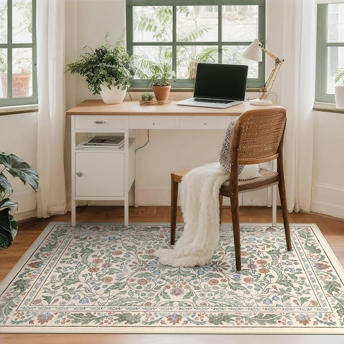 3x5 Washable Area Rug Floral Beige Entryway Small Rug Vintage Forest Low Pile - Image 3