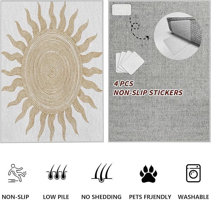 Boho Washable Rugs for Bedroom 4x5, Modern Sun Print Soft Minimalism Area Rug - Image 7