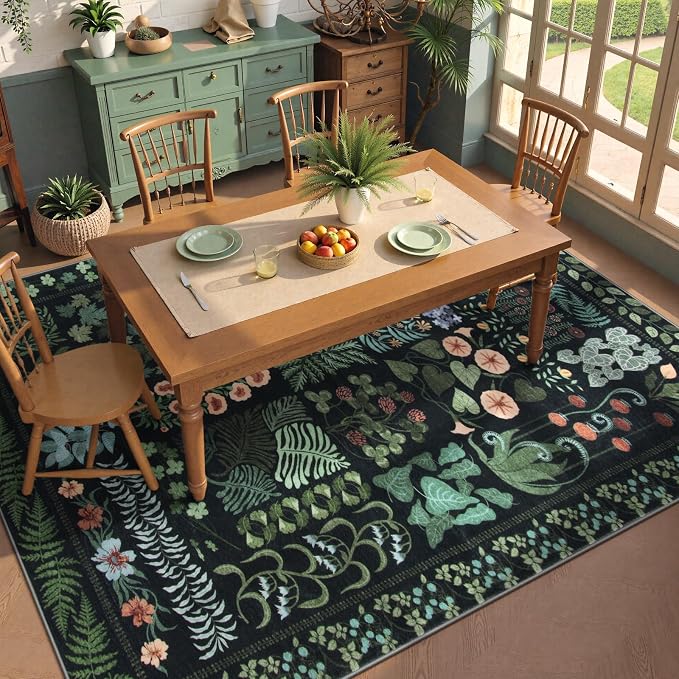 Floral Boho 5x7 Area Rugs for Living Room, Botanical Black Washable Bedroom Rug - Image 4