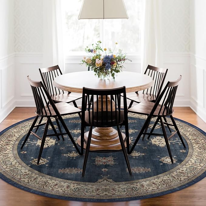 RUGGABLE Washable Vintage Area Rug – Verena Sapphire 6 ft Round, Stain-Resistant by RUGGABLE