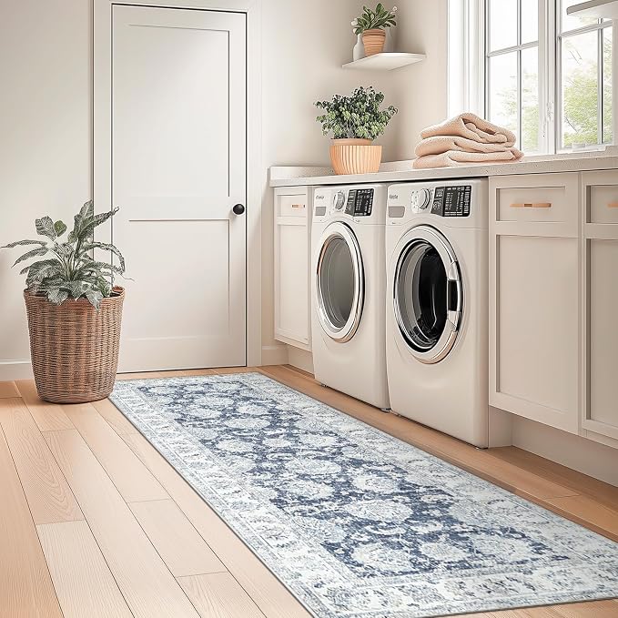 jinchan Runner Rug 2x7 Machine Washable Hallway Rug Dark Blue Vintage Floral - Image 3