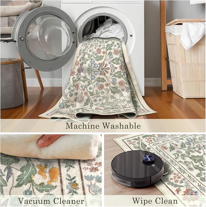 3x5 Washable Area Rug Floral Beige Entryway Small Rug Vintage Forest Low Pile - Image 6