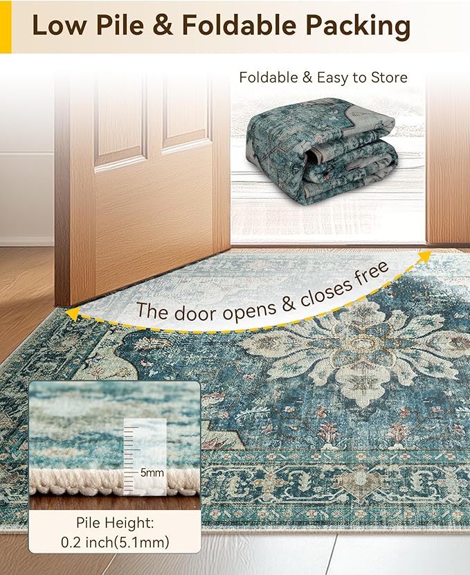 Area Rugs Square 10ft Washable Non-Slip, Floral Vintage Distress Print Pattern - Image 4