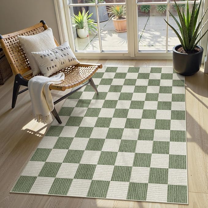 LIVEBOX 4x6 Washable Area Rug Checkered, Non-Slip Small Entryway Rug Green - Image 3