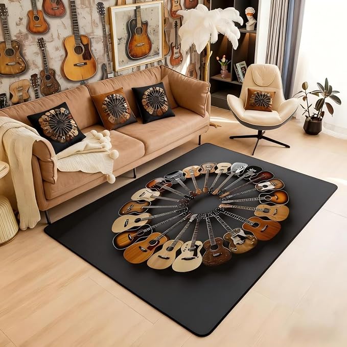 Round Guitar Large Area Rug 5x7 Musical Instruments Living Room Rug | Music by Erosebridal