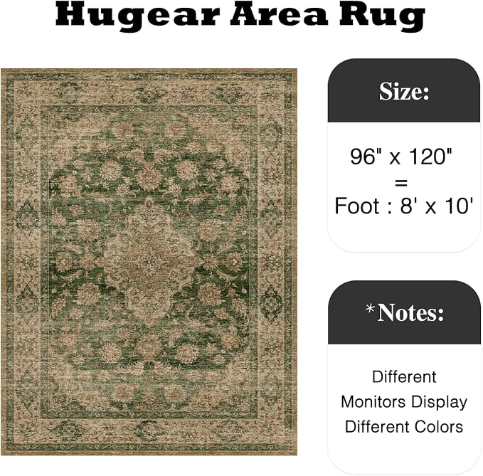 HUGEAR Retro Green Area Rug 8x10 Machine Washable Living Room Rugs Distressed - Image 2